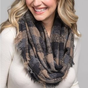Dark Gray Multi Colored plaid infinity scarf with frayed edges